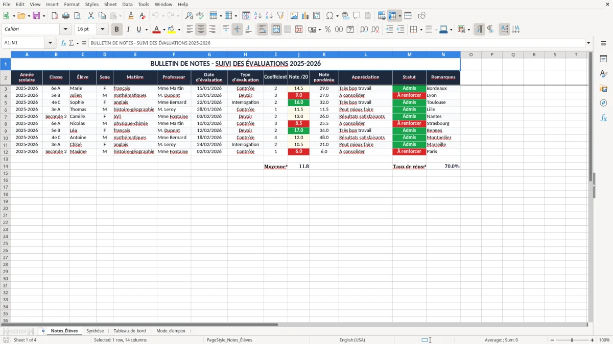 Capture 1 : onglet Notes_Élèves - Modèle Excel bulletin de notes