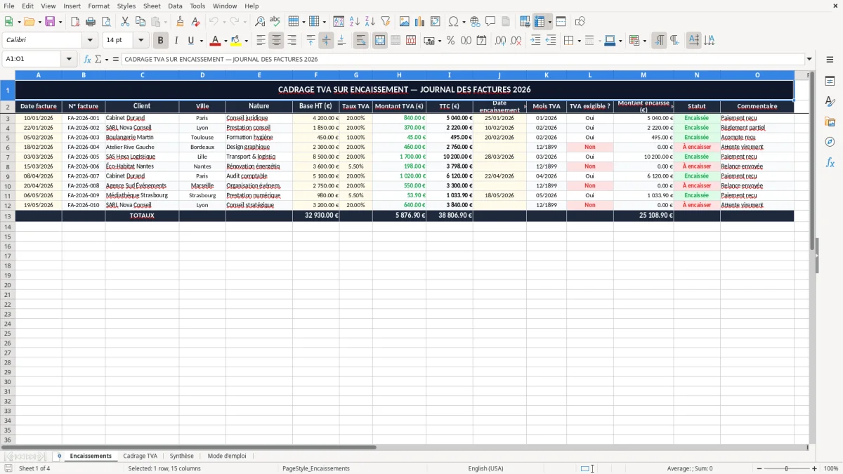Capture 1 : onglet Encaissements - Modèle Excel cadrage TVA sur encaissement
