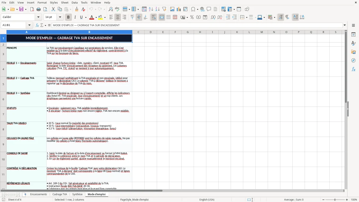 Capture 4 : onglet Mode d'emploi - Modèle Excel cadrage TVA sur encaissement