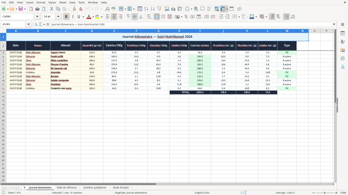 Capture 1 : onglet Journal alimentaire - Modèle Excel calcul de calories