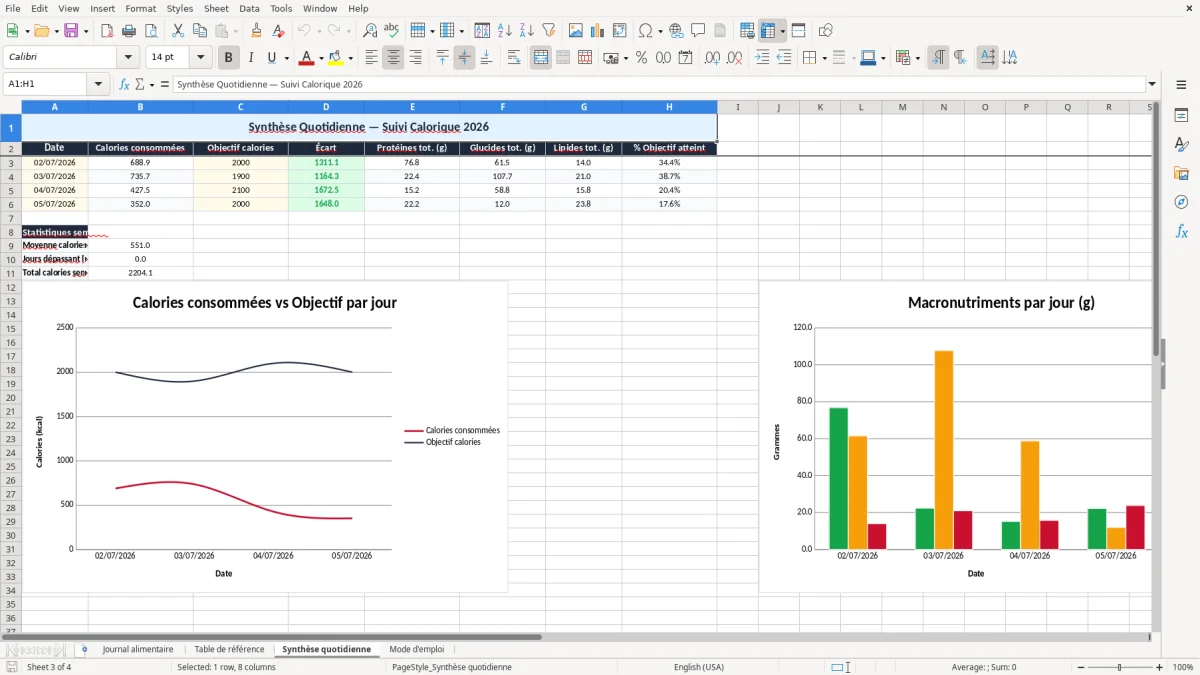 Capture 3 : onglet Synthèse quotidienne - Modèle Excel calcul de calories