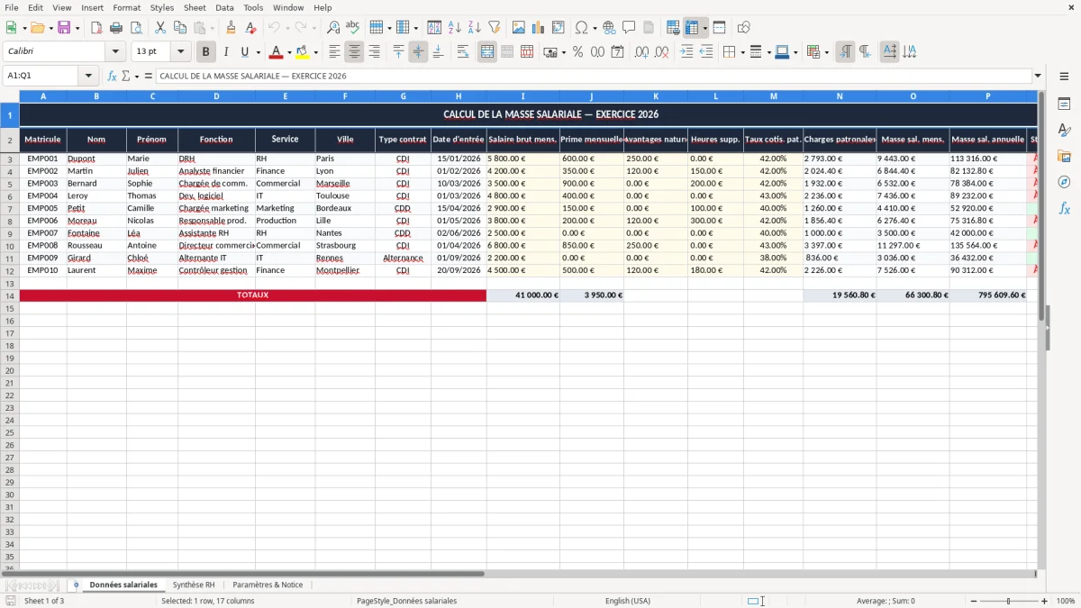 Capture 1 : onglet Données salariales - Modèle Excel calcul de la masse salariale
