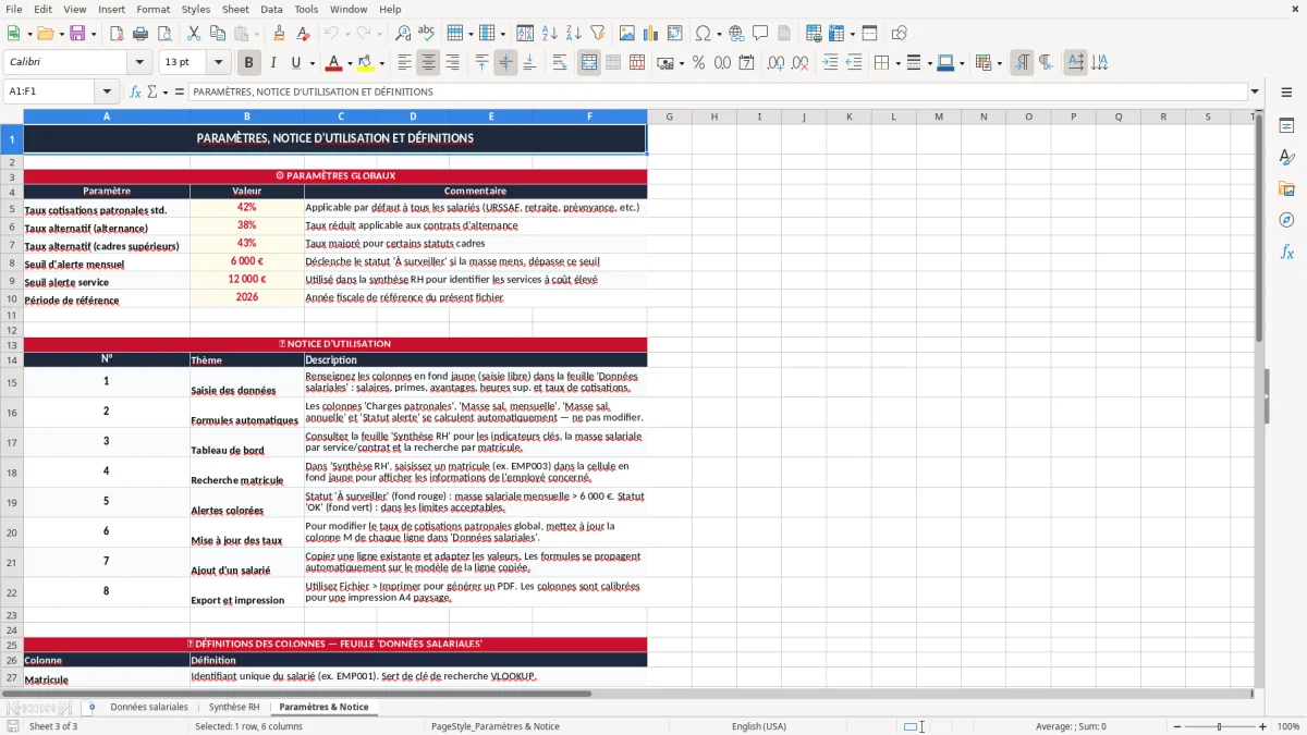 Capture 3 : onglet Paramètres & Notice - Modèle Excel calcul de la masse salariale