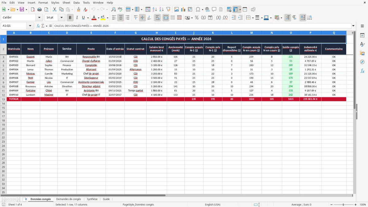 Capture 1 : onglet Données congés - Modèle Excel calcul des congés payés