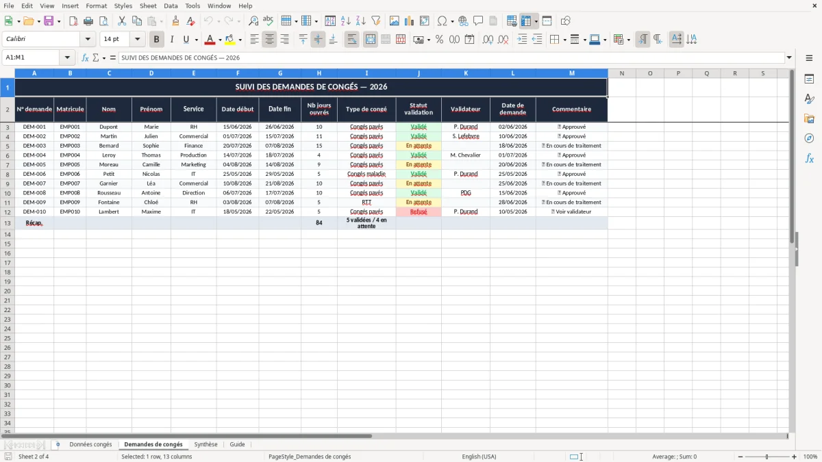 Capture 2 : onglet Demandes de congés - Modèle Excel calcul des congés payés