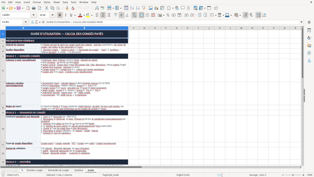 Capture 4 : onglet Guide - Modèle Excel calcul des congés payés