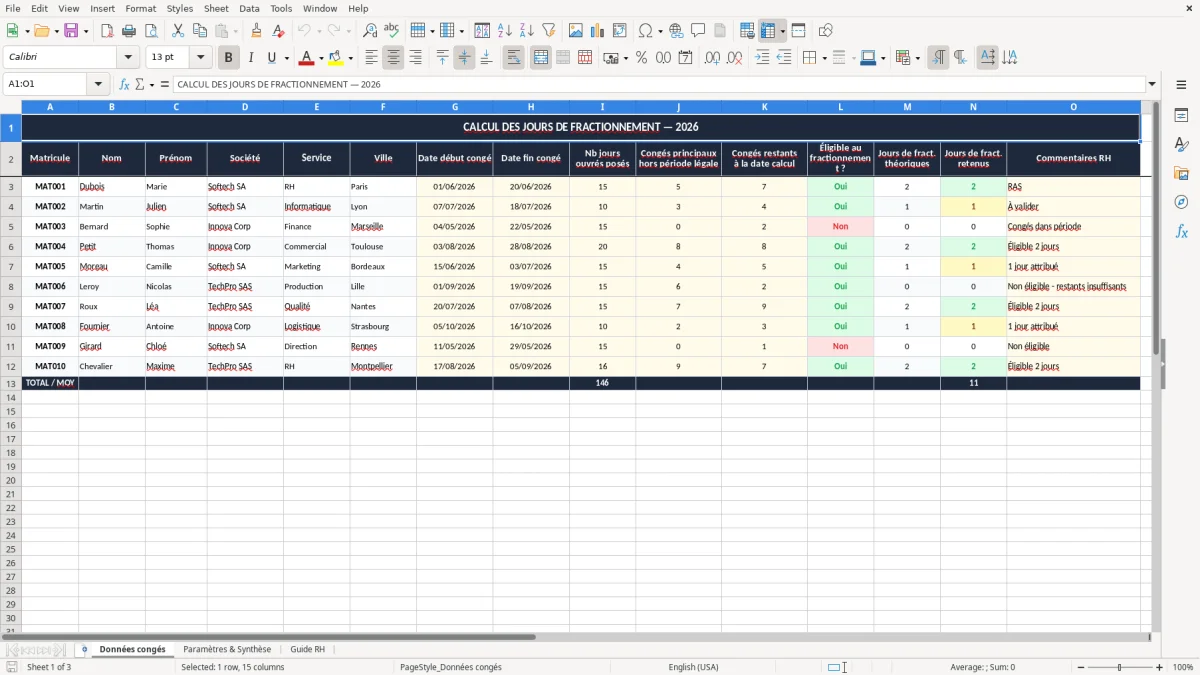 Capture 1 : onglet Données congés - Modèle Excel calcul jours de fractionnement