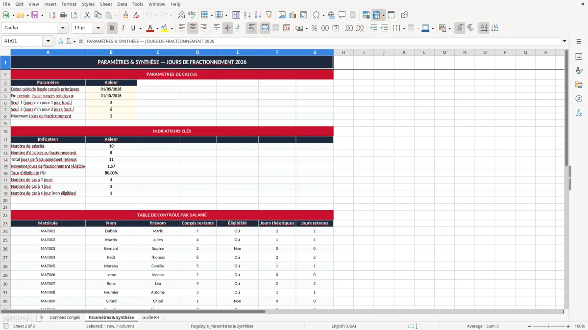 Capture 2 : onglet Paramètres & Synthèse - Modèle Excel calcul jours de fractionnement