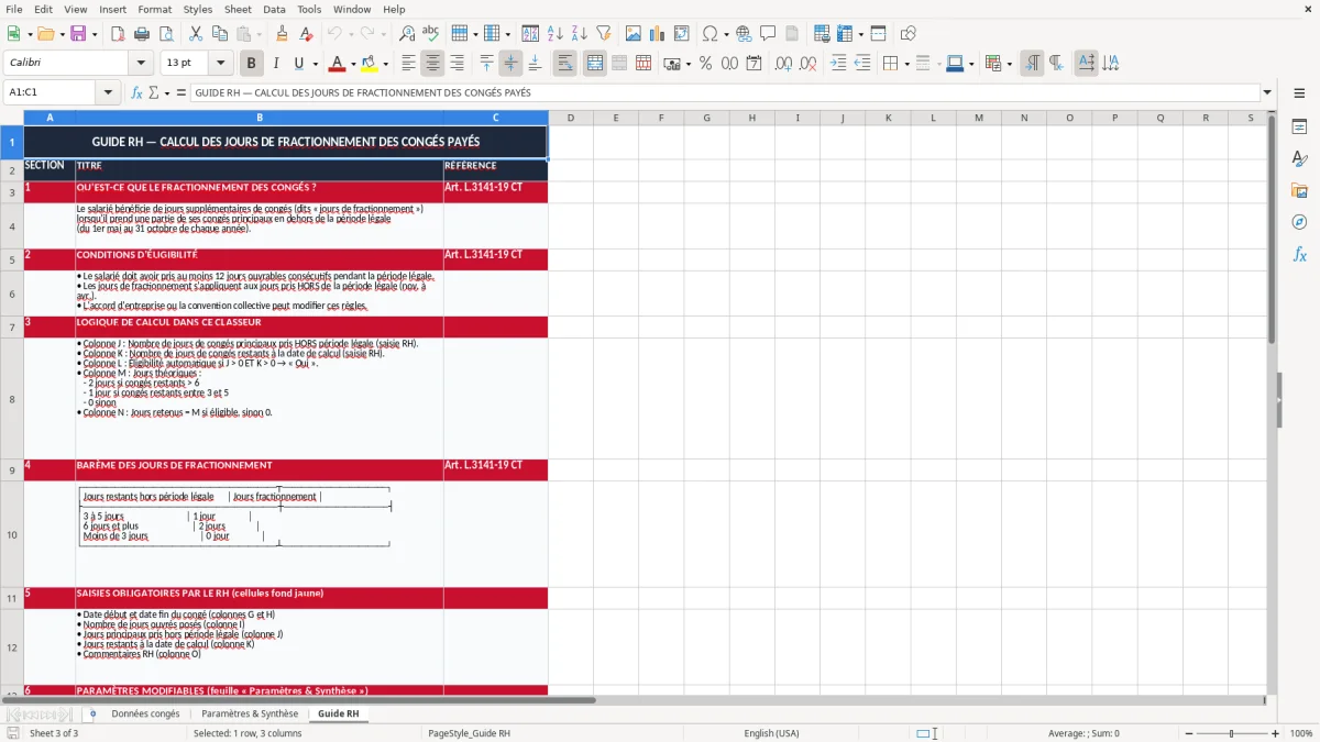 Capture 3 : onglet Guide RH - Modèle Excel calcul jours de fractionnement