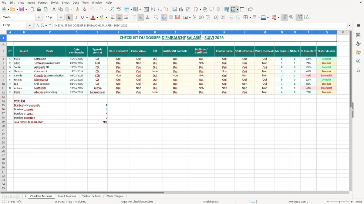 Capture 1 : onglet Checklist Dossiers - Modèle Excel checklist du dossier d’embauche salarié Excel