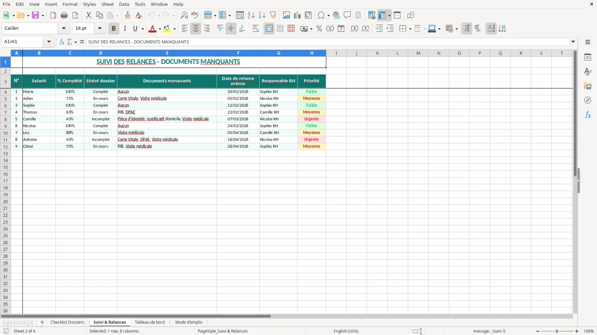 Capture 2 : onglet Suivi & Relances - Modèle Excel checklist du dossier d’embauche salarié Excel