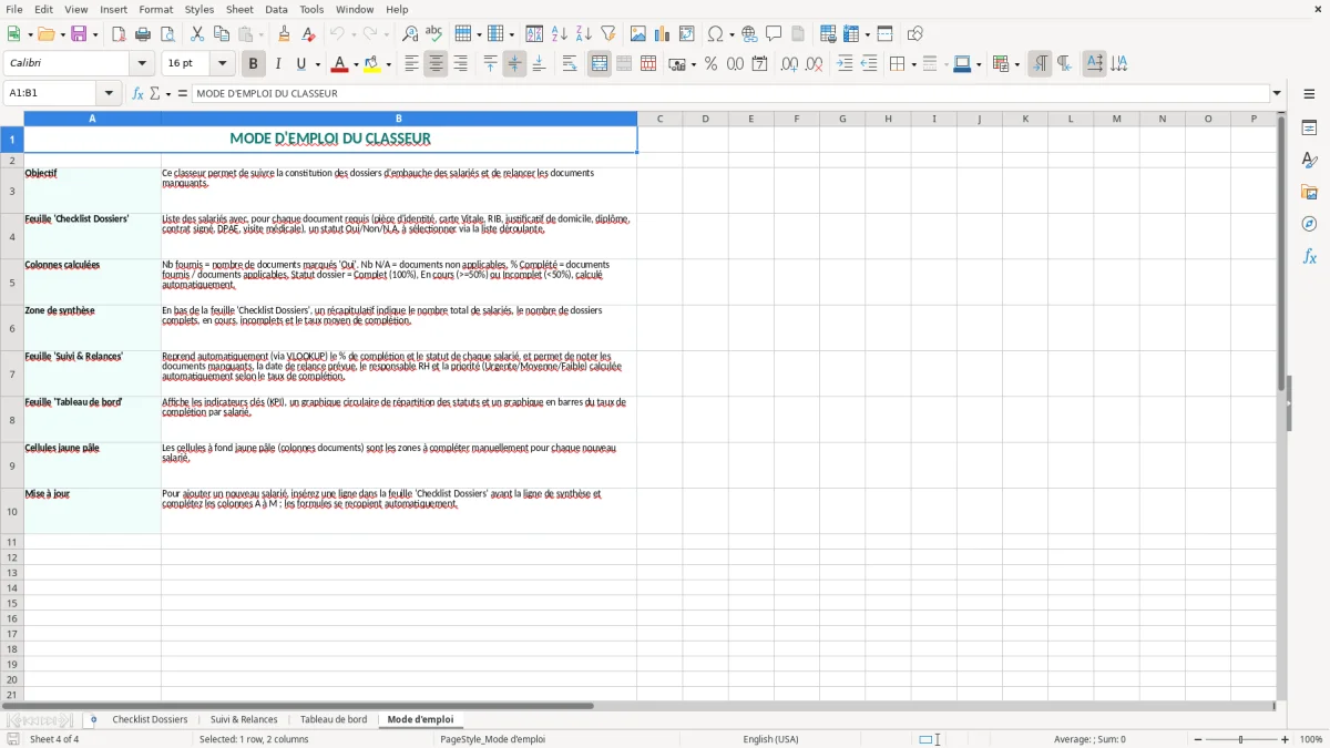 Capture 4 : onglet Mode d'emploi - Modèle Excel checklist du dossier d’embauche salarié Excel