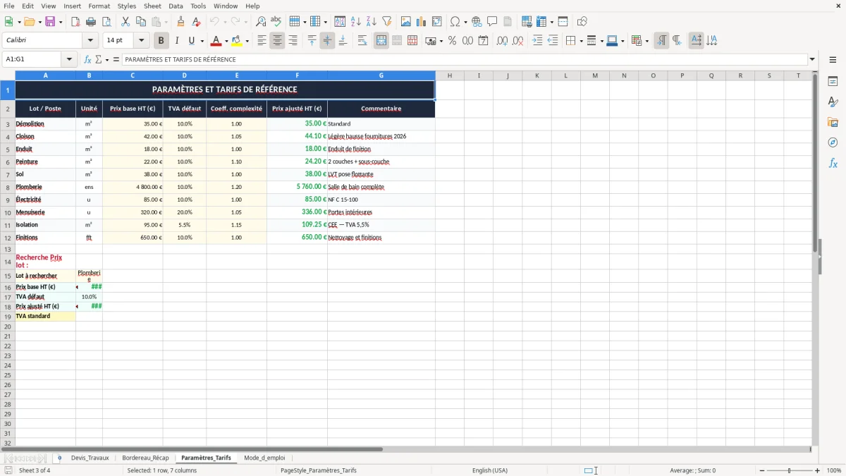 Capture 3 : onglet Paramètres_Tarifs - Modèle Excel chiffrage de travaux
