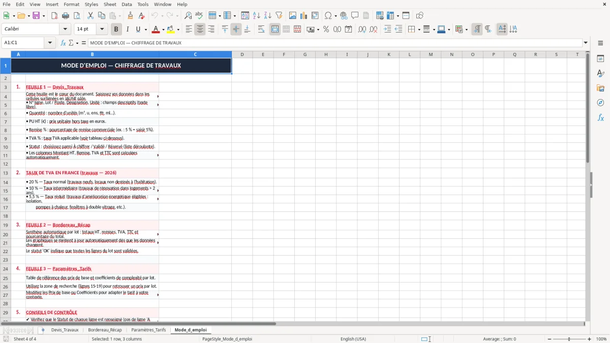 Capture 4 : onglet Mode_d_emploi - Modèle Excel chiffrage de travaux