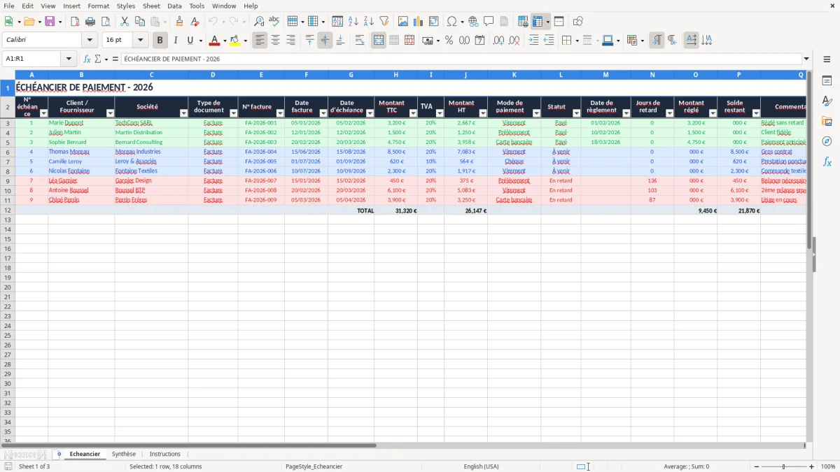 Capture 1 : onglet Echeancier - Modèle Excel échéancier de paiement