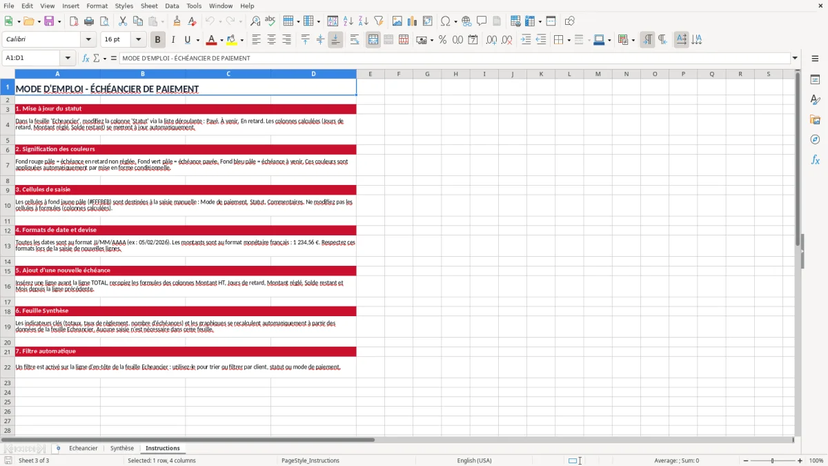 Capture 3 : onglet Instructions - Modèle Excel échéancier de paiement