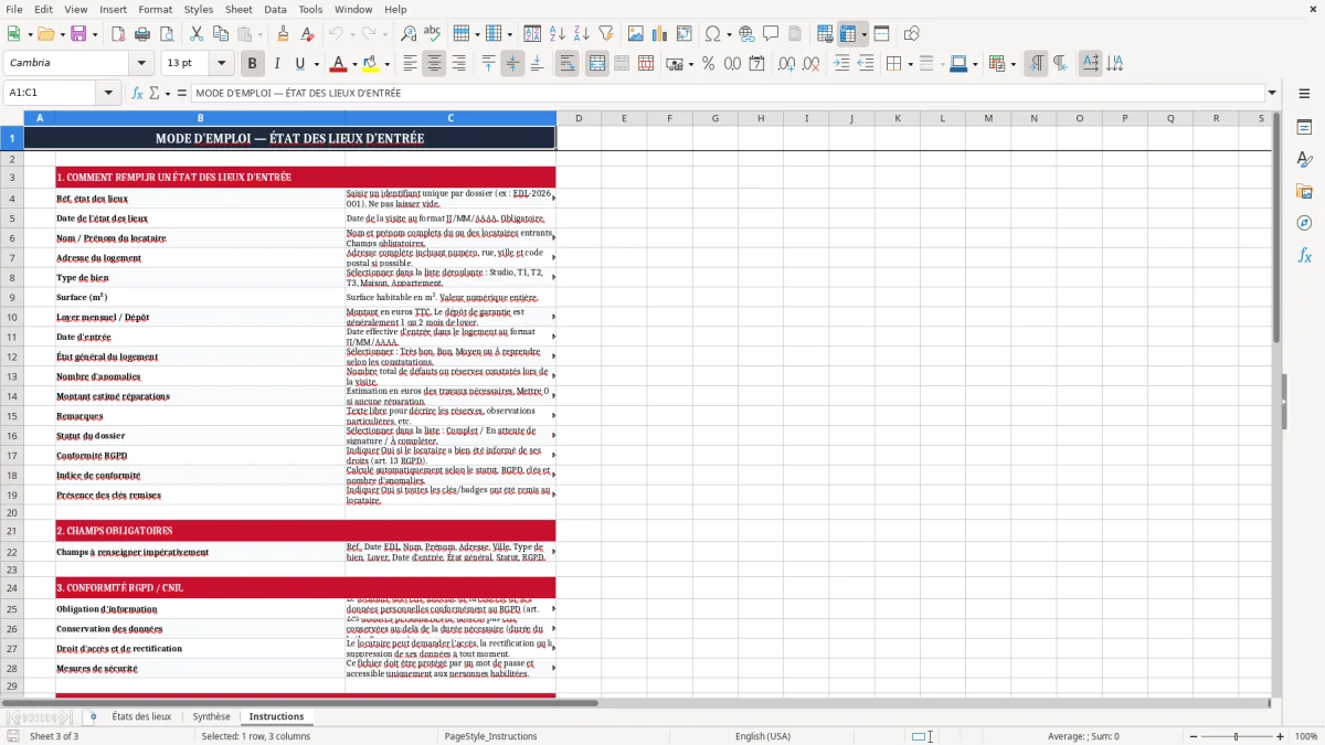 Capture 3 : onglet Instructions - Modèle Excel état des lieux d'entrée
