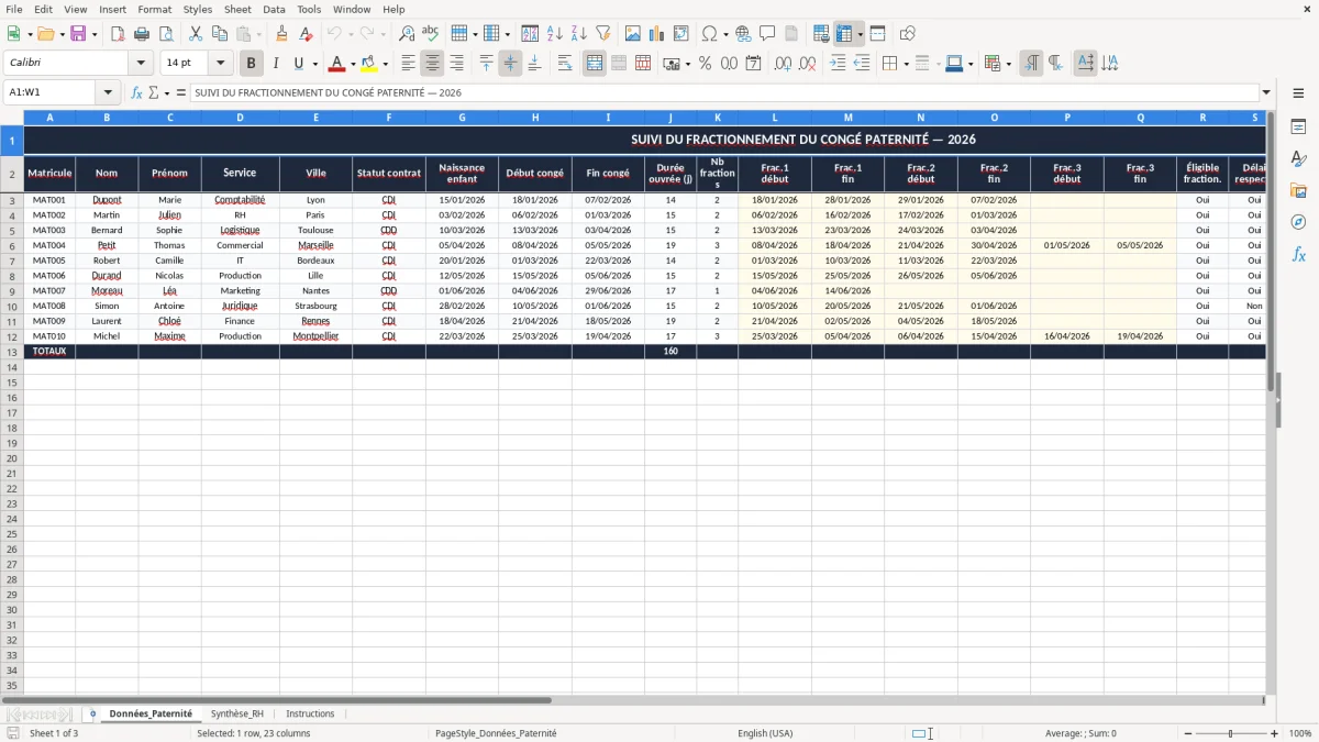 Capture 1 : onglet Données_Paternité - Modèle Excel fractionnement congé paternité