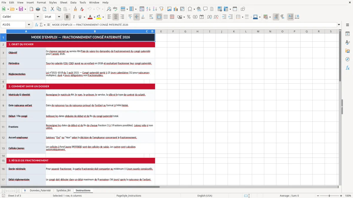 Capture 3 : onglet Instructions - Modèle Excel fractionnement congé paternité