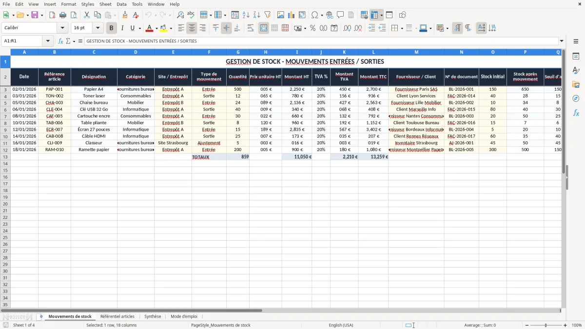 Capture 1 : onglet Mouvements de stock - Modèle Excel gestion de stock entrée sortie