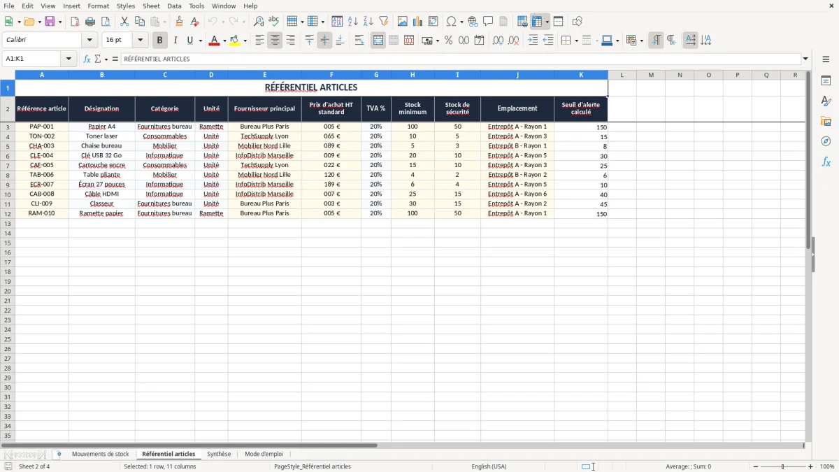 Capture 2 : onglet Référentiel articles - Modèle Excel gestion de stock entrée sortie