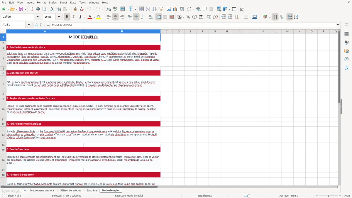 Capture 4 : onglet Mode d'emploi - Modèle Excel gestion de stock entrée sortie