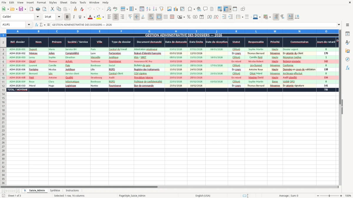 Capture 1 : onglet Saisie_Admin - Modèle Excel modèle tableau Excel simple gestion administrative