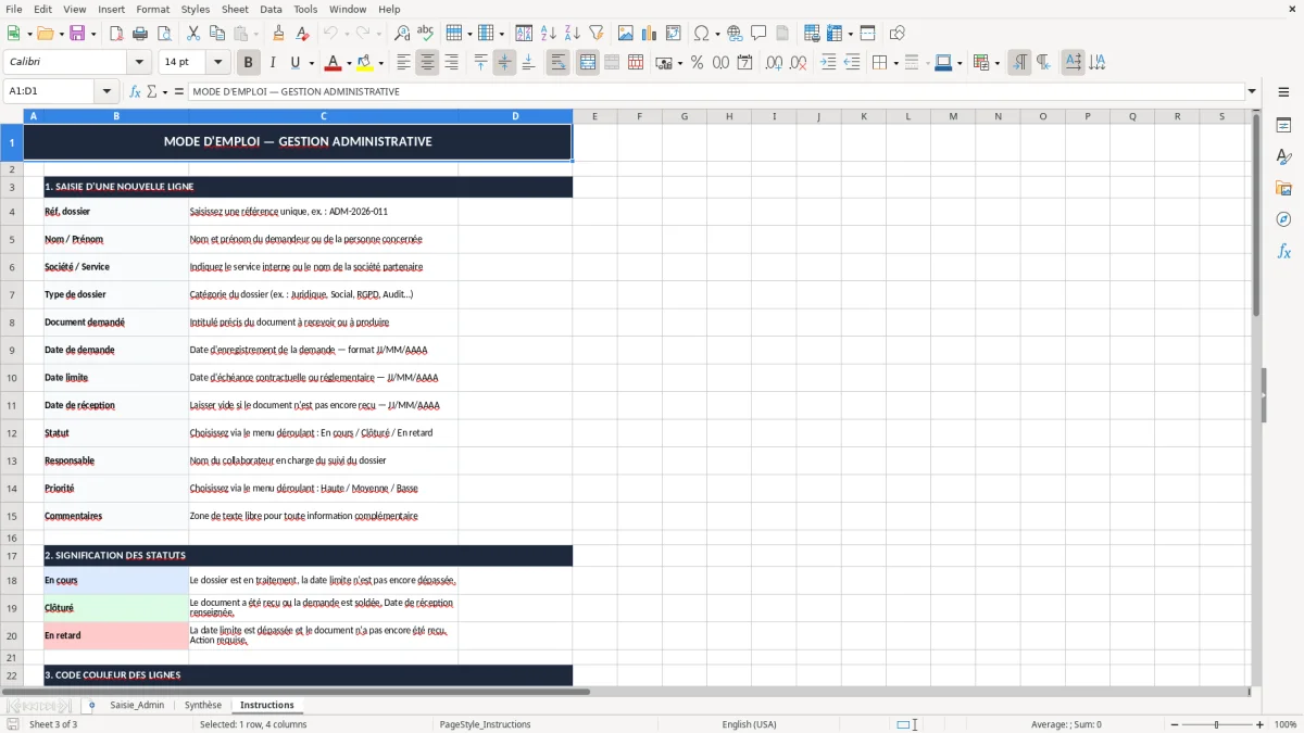 Capture 3 : onglet Instructions - Modèle Excel modèle tableau Excel simple gestion administrative