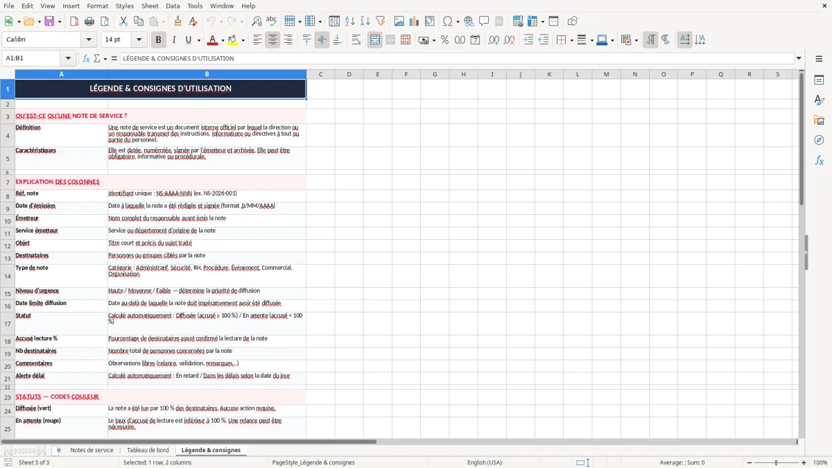 Capture 3 : onglet Légende & consignes - Modèle Excel note de service