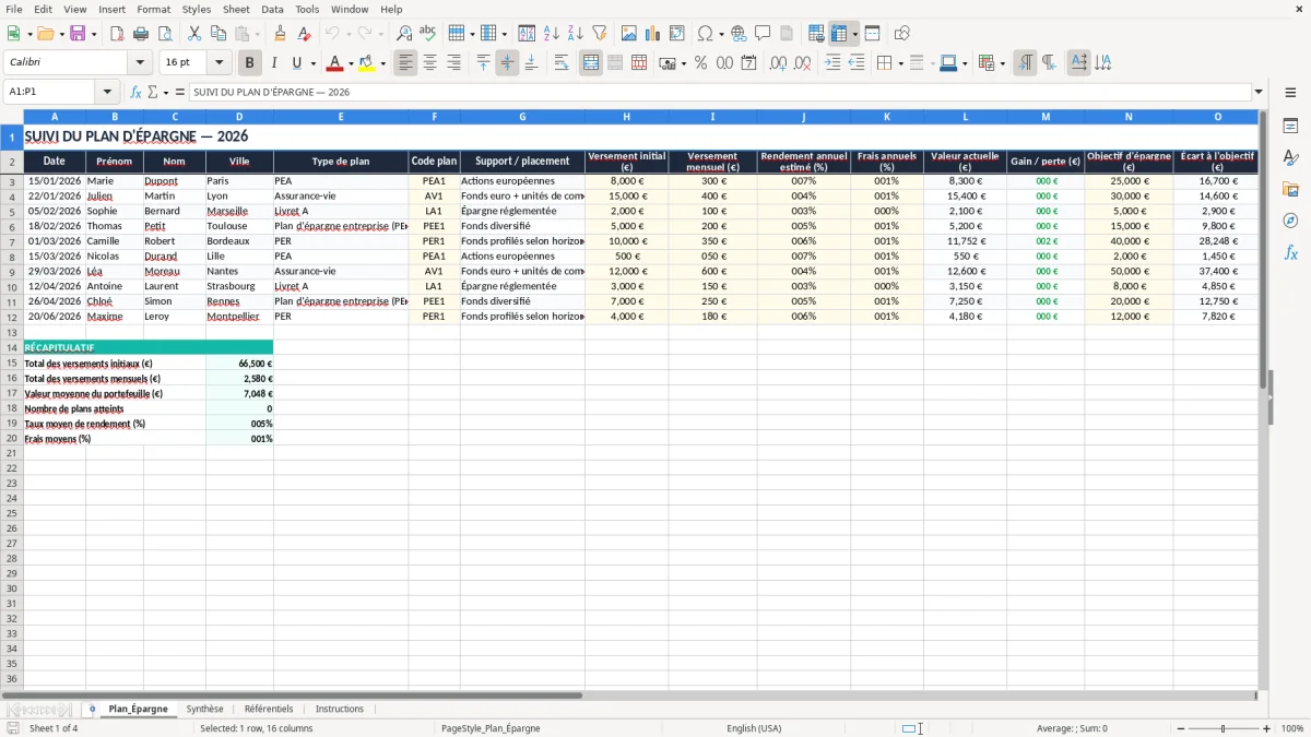 Capture 1 : onglet Plan_Épargne - Modèle Excel plan d'épargne