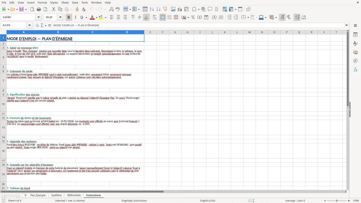 Capture 4 : onglet Instructions - Modèle Excel plan d'épargne