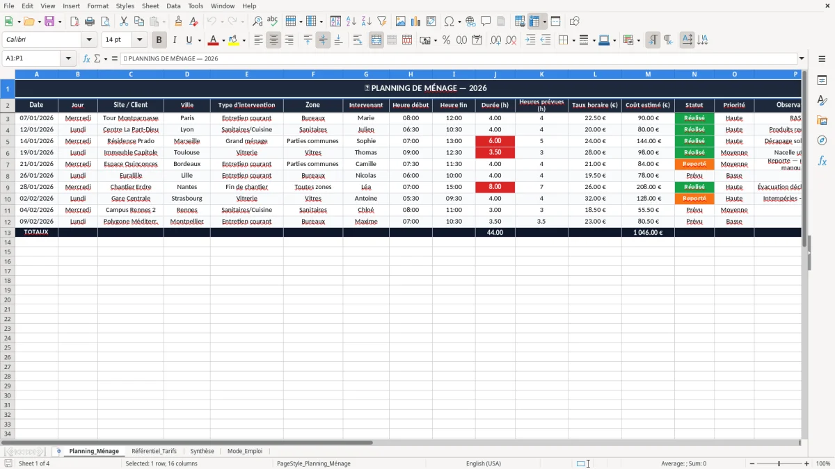Capture 1 : onglet Planning_Ménage - Modèle Excel planning de ménage