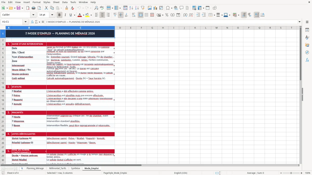 Capture 4 : onglet Mode_Emploi - Modèle Excel planning de ménage