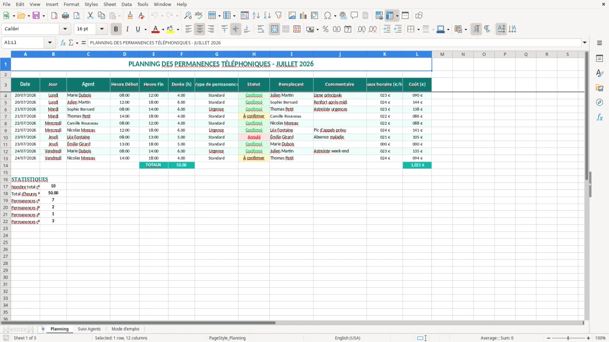 Capture 1 : onglet Planning - Modèle Excel planning des permanences téléphoniques Excel