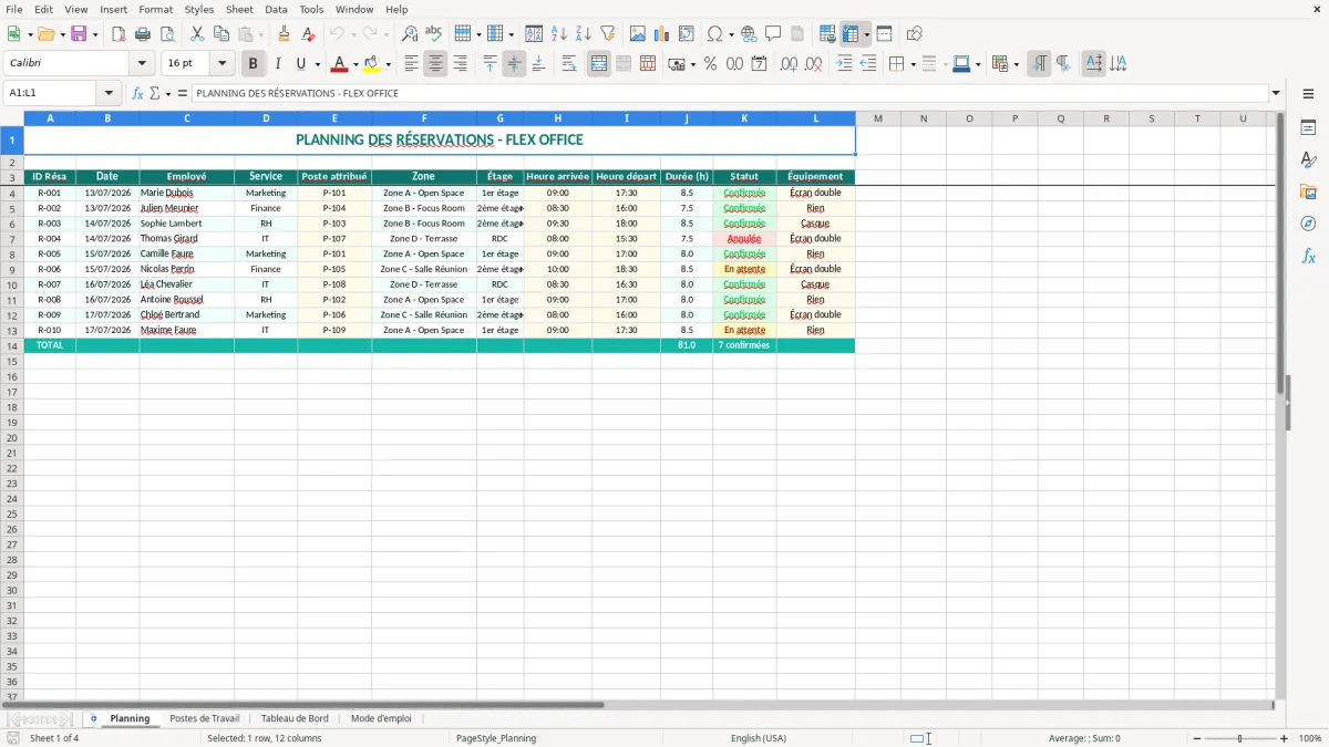 Capture 1 : onglet Planning - Modèle Excel planning des postes de travail en flex office Excel
