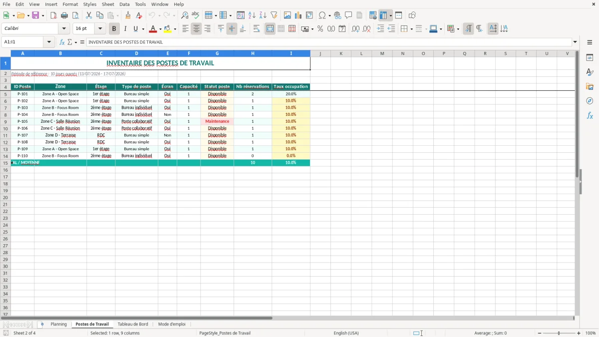 Capture 2 : onglet Postes de Travail - Modèle Excel planning des postes de travail en flex office Excel