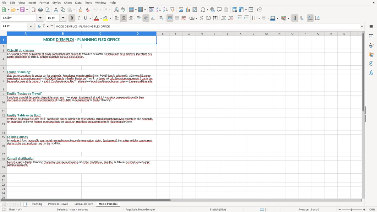 Capture 4 : onglet Mode d'emploi - Modèle Excel planning des postes de travail en flex office Excel