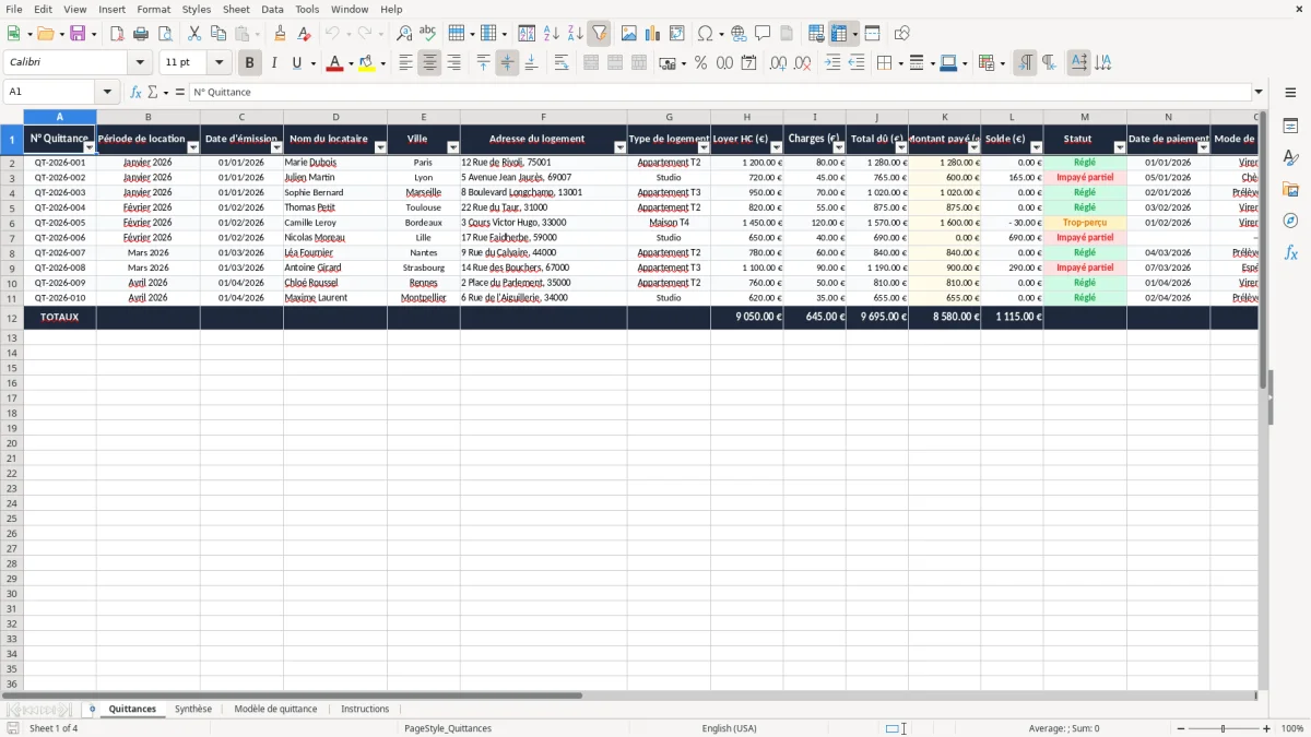 Capture 1 : onglet Quittances - Modèle Excel quittance de loyer