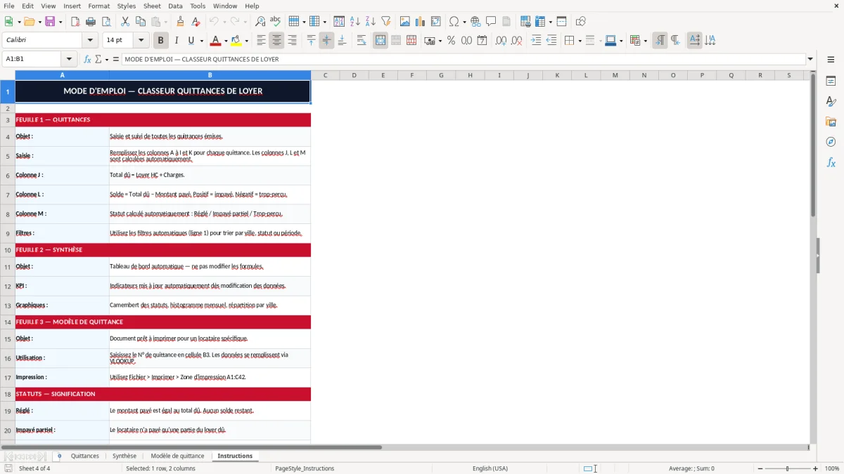 Capture 4 : onglet Instructions - Modèle Excel quittance de loyer