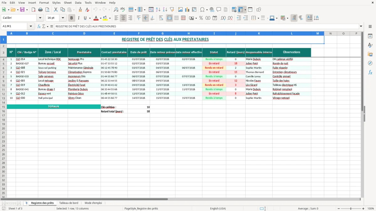 Capture 1 : onglet Registre des prêts - Modèle Excel registre de prêt des clés aux prestataires Excel