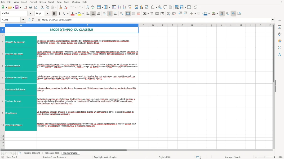 Capture 3 : onglet Mode d'emploi - Modèle Excel registre de prêt des clés aux prestataires Excel
