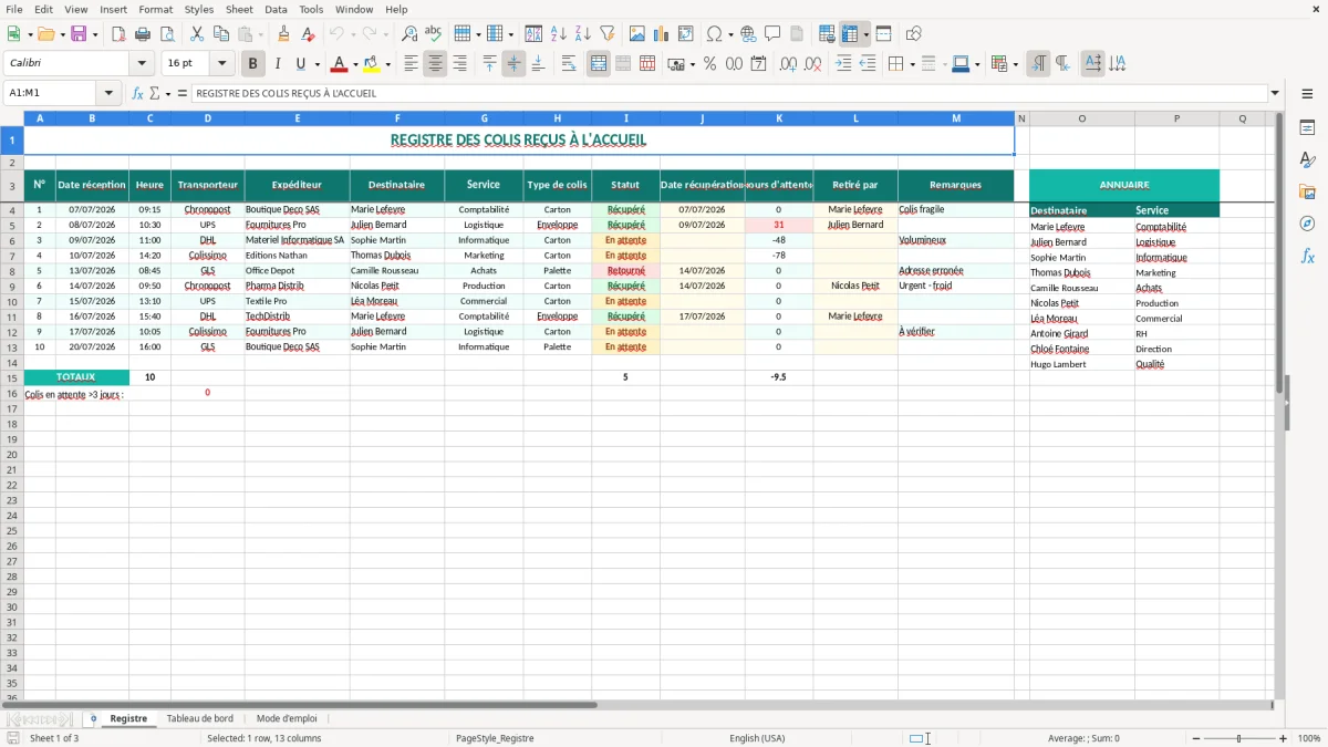 Capture 1 : onglet Registre - Modèle Excel registre des colis reçus à l’accueil Excel