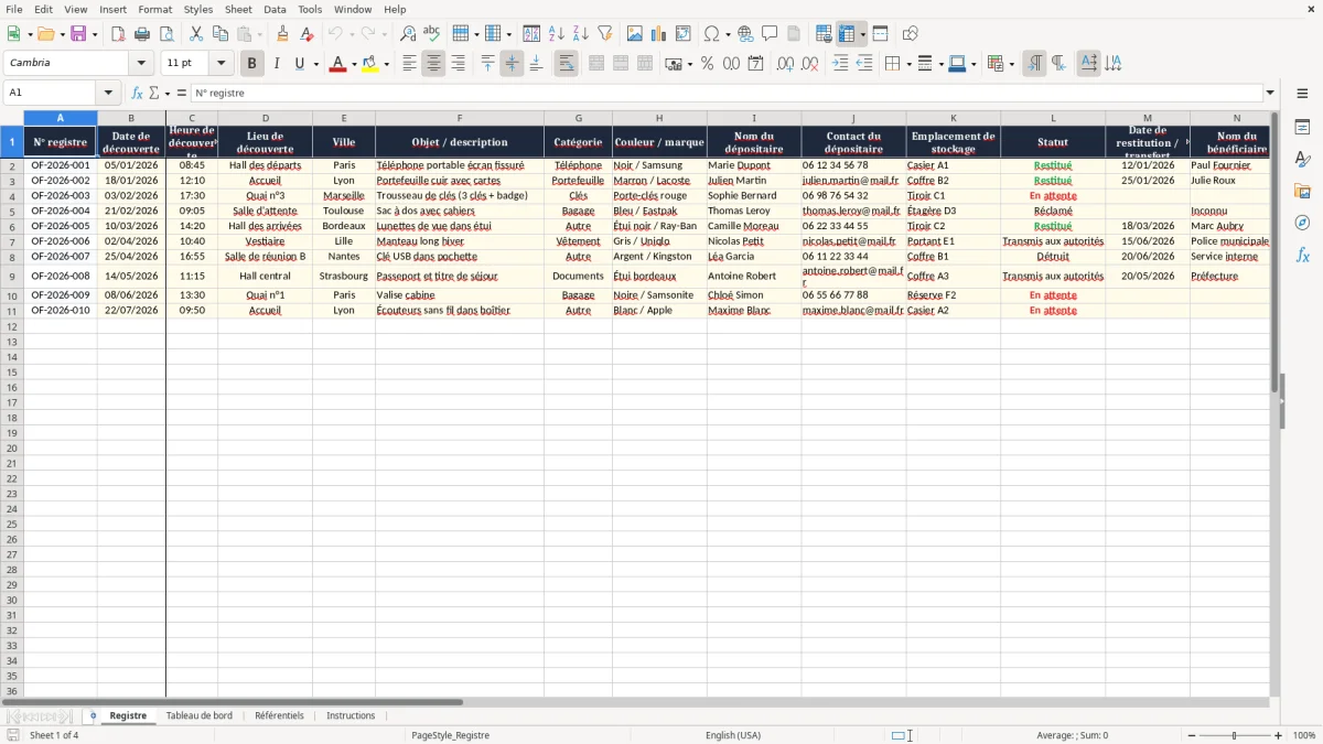 Capture 1 : onglet Registre - Modèle Excel registre des objets trouvés Excel