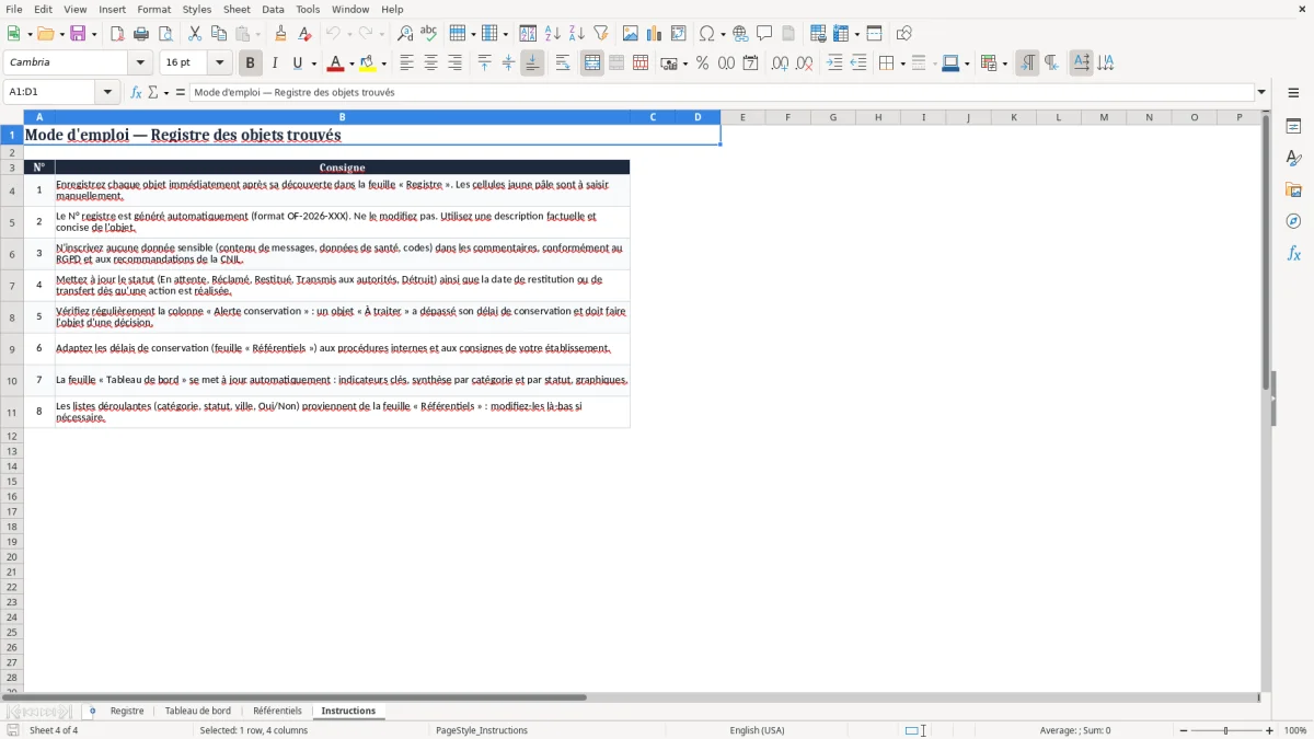 Capture 4 : onglet Instructions - Modèle Excel registre des objets trouvés Excel