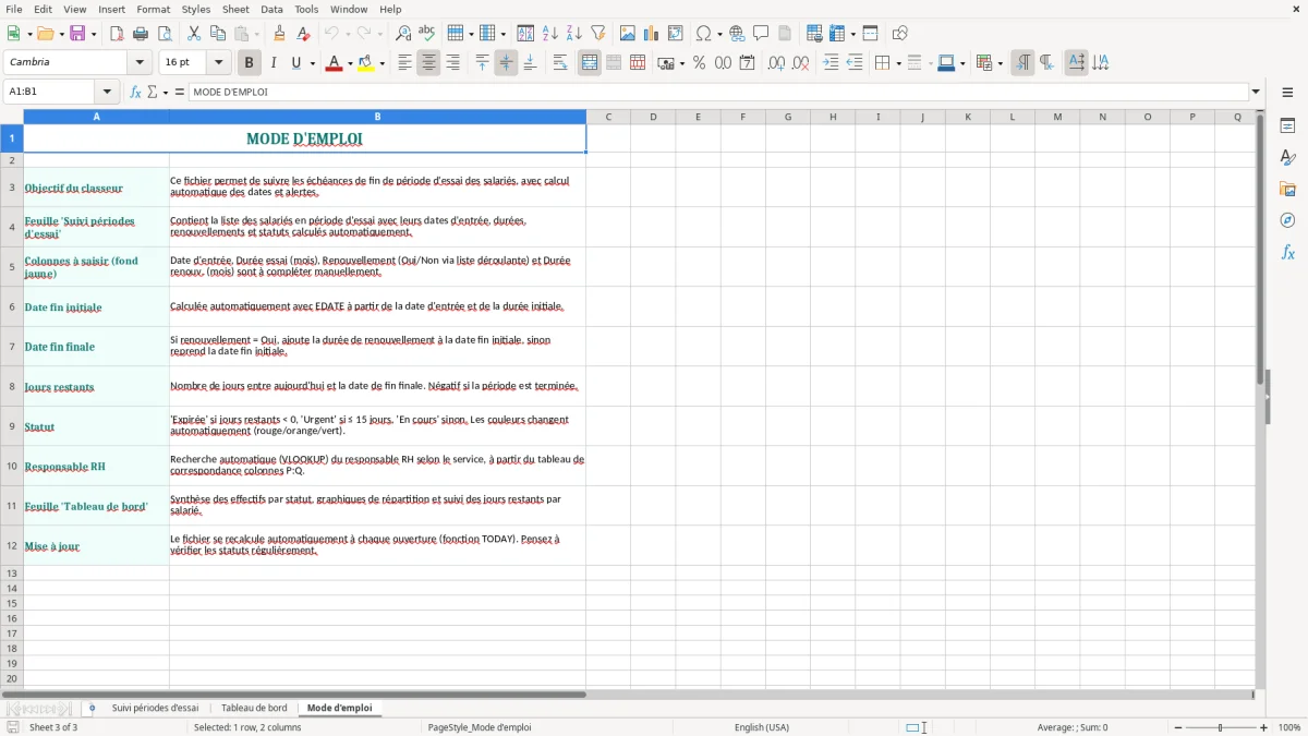 Capture 3 : onglet Mode d'emploi - Modèle Excel suivi des échéances de période d’essai Excel