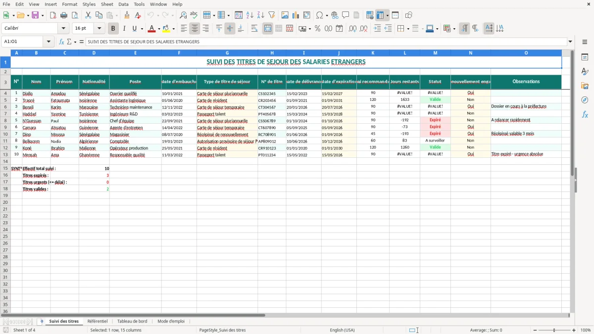 Capture 1 : onglet Suivi des titres - Modèle Excel suivi des titres de séjour des salariés étrangers Excel