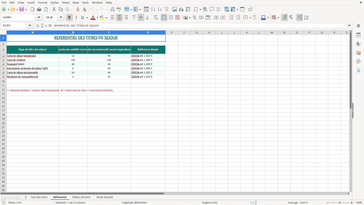 Capture 2 : onglet Référentiel - Modèle Excel suivi des titres de séjour des salariés étrangers Excel