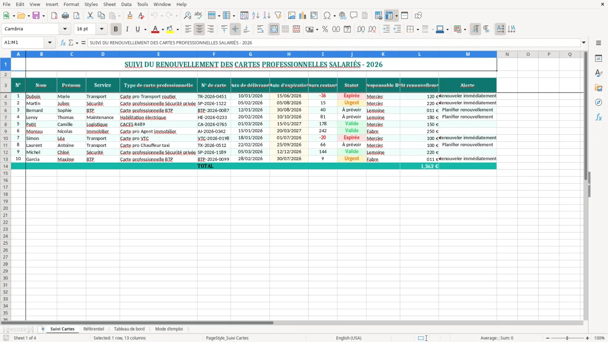 Capture 1 : onglet Suivi Cartes - Modèle Excel suivi du renouvellement des cartes professionnelles salariés Excel