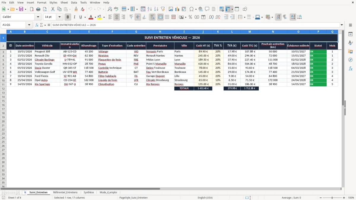 Capture 1 : onglet Suivi_Entretien - Modèle Excel suivi entretien véhicule