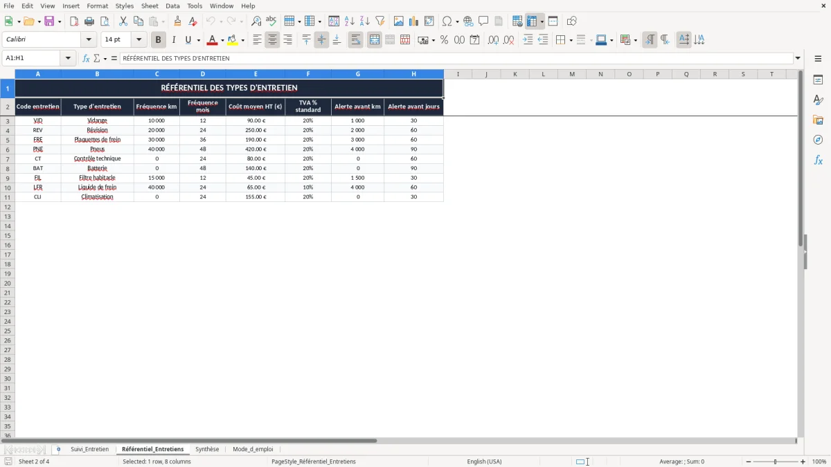 Capture 2 : onglet Référentiel_Entretiens - Modèle Excel suivi entretien véhicule